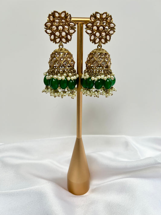 Mehndi plated gold and green jhumka earrings E3015