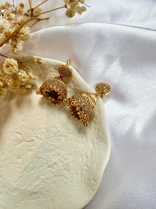 Short Cz stoned golden jhumkas screw on E3037
