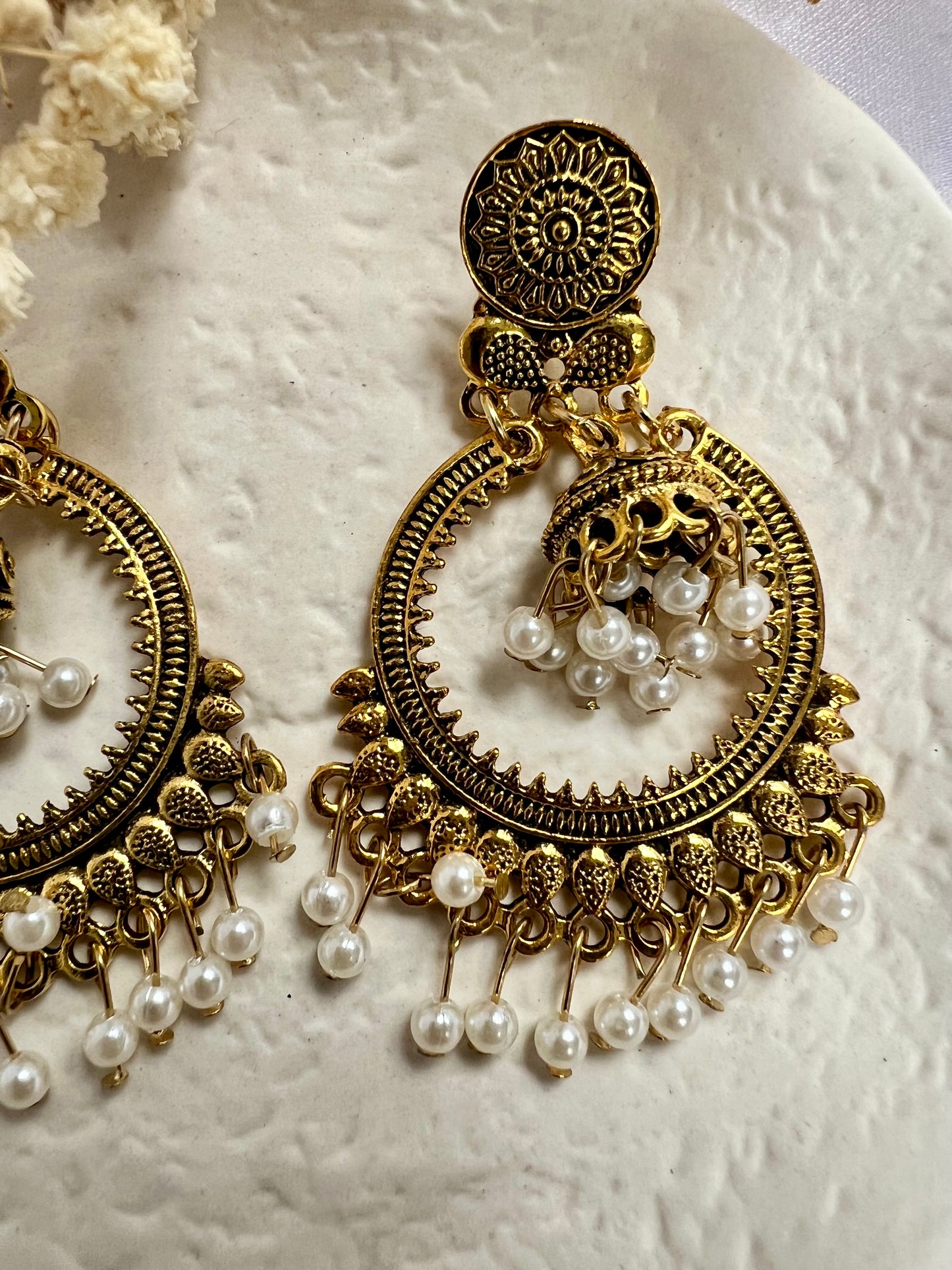 Antique gold dangling jhumkas hoop earring with pearls E3057