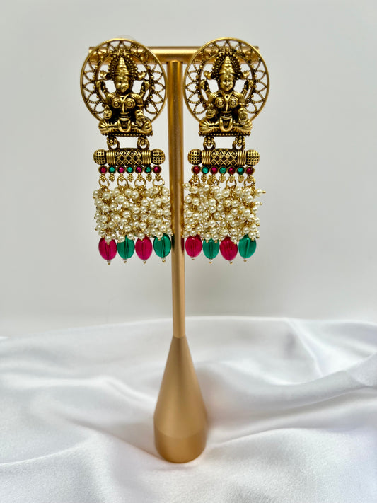 Antique temple matte gold plated  pearl earrings E3011