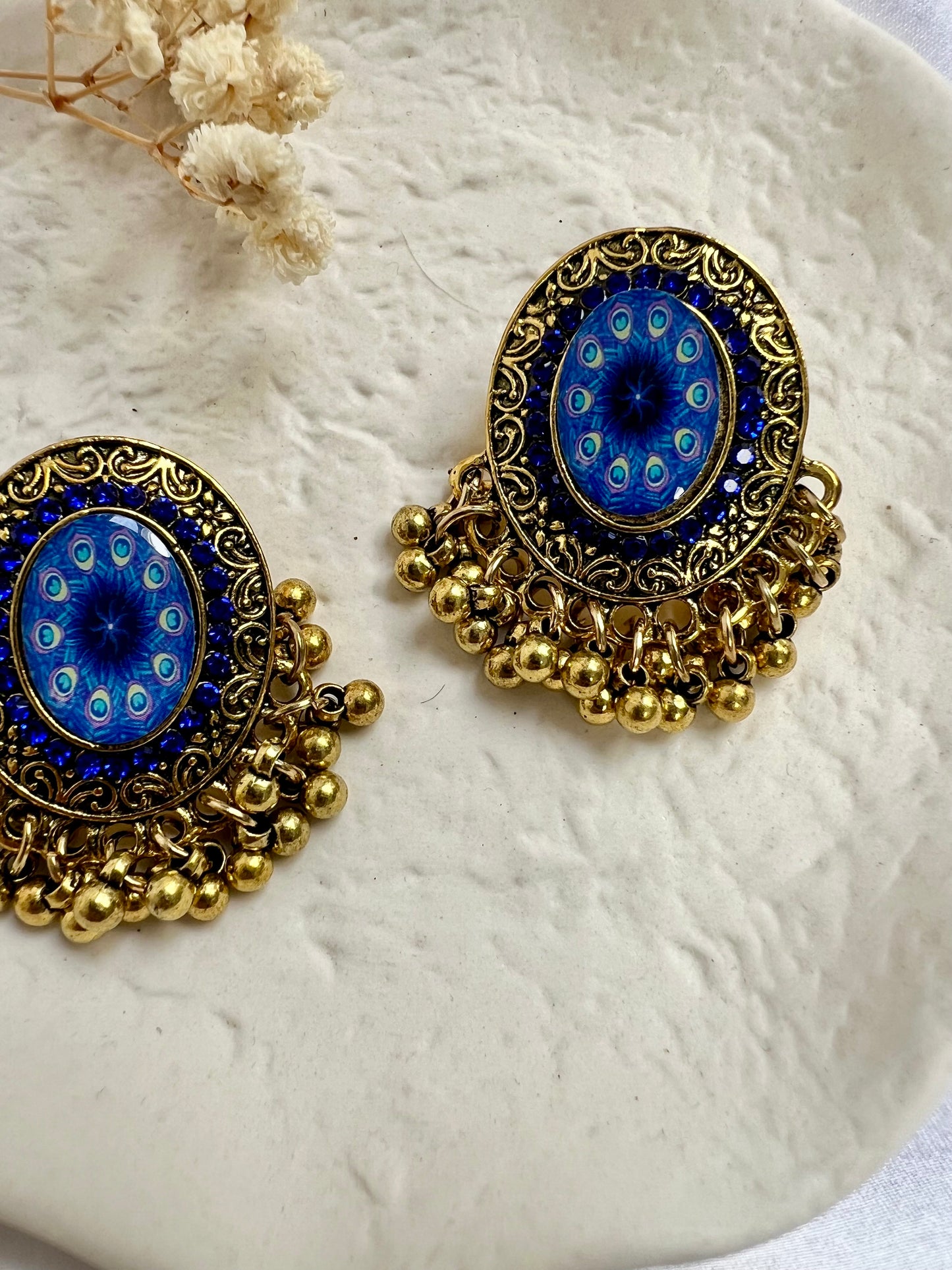 Antique gold large round peacock blue flat earrings  E3080