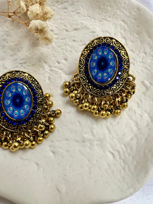 Antique gold large round peacock blue flat earrings  E3080