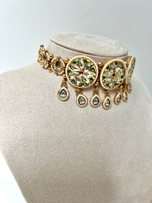 AMAKA - Beautiful antique kundan choker set in green with matching jhumkas N3257