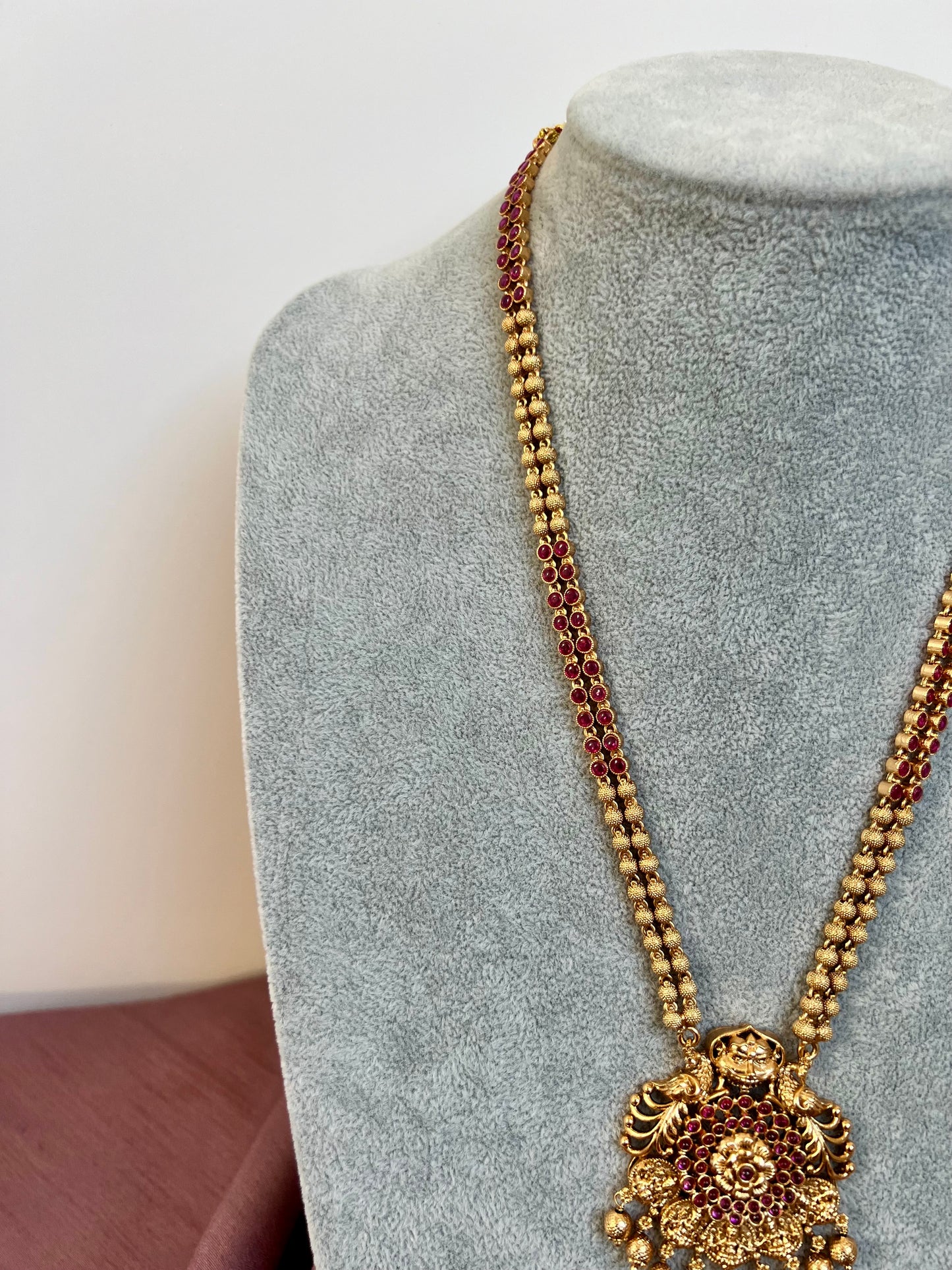 RADHA -Antique temple matte gold plated ruby necklace set with matching jhumkas N3023