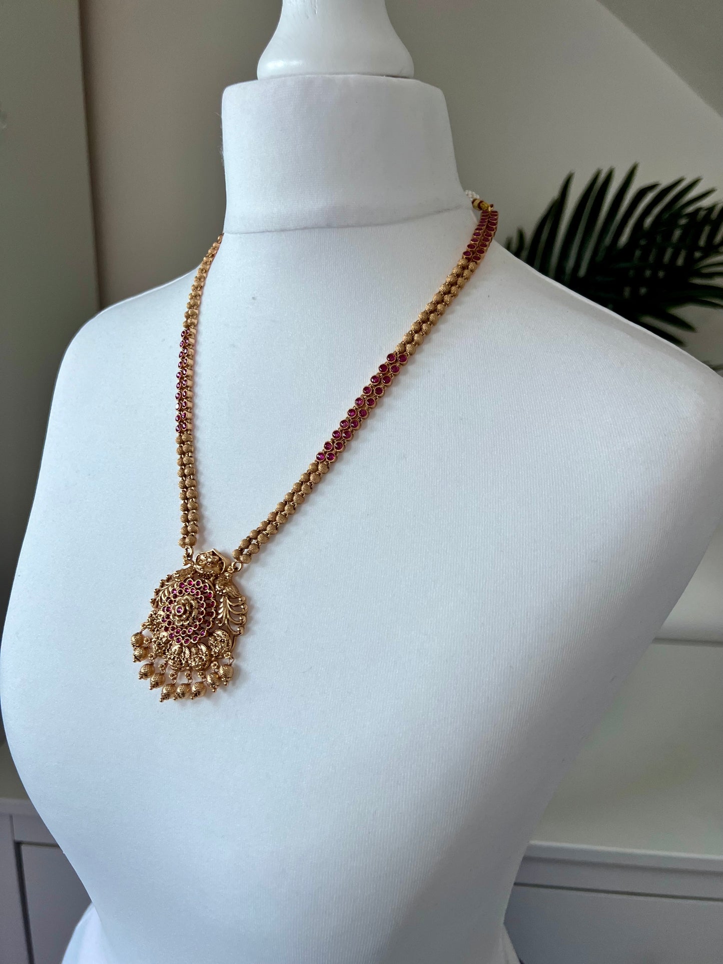 RADHA -Antique temple matte gold plated ruby necklace set with matching jhumkas N3023