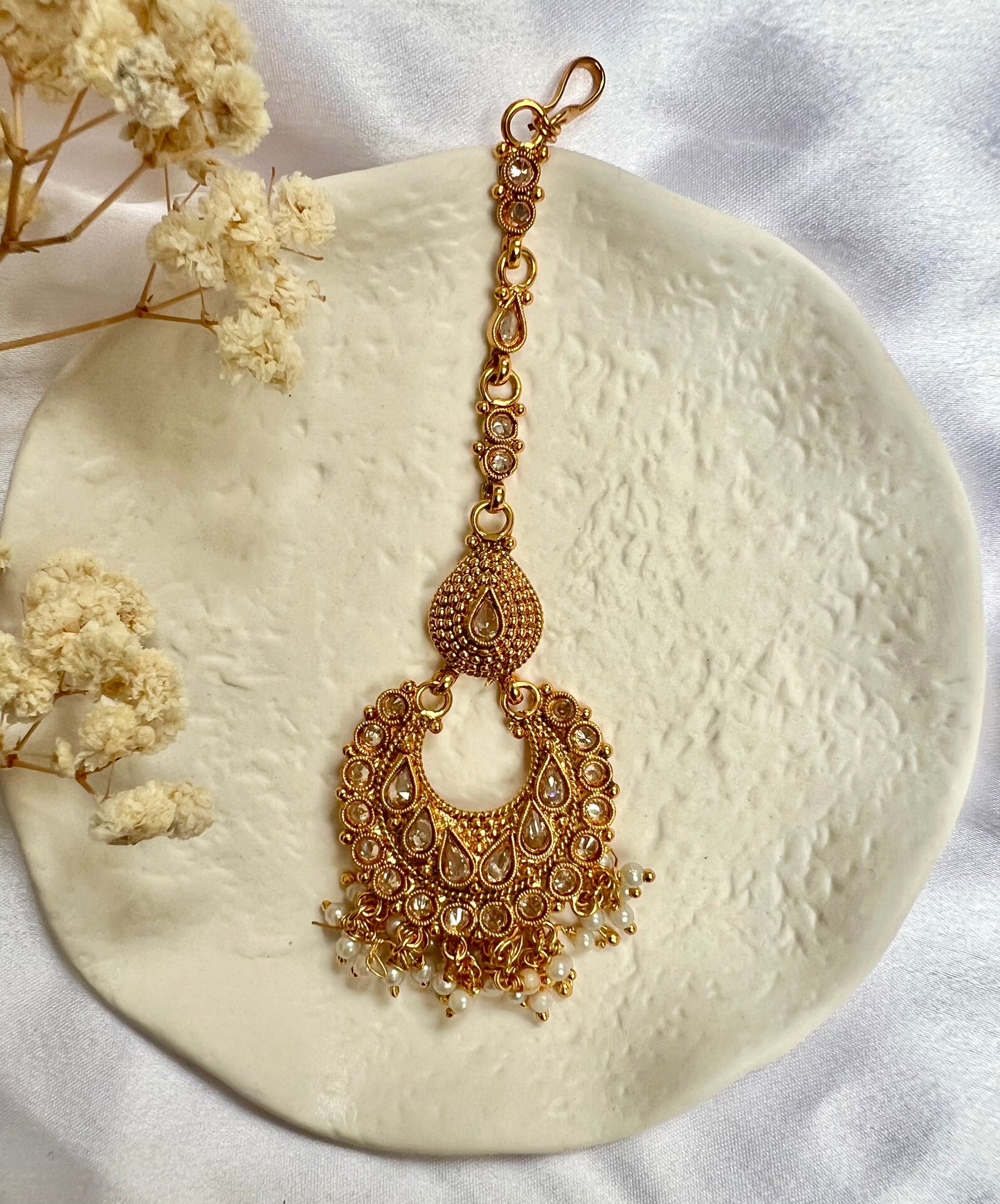 Traditional gold plated clear stone white pearls maang tikka T3003