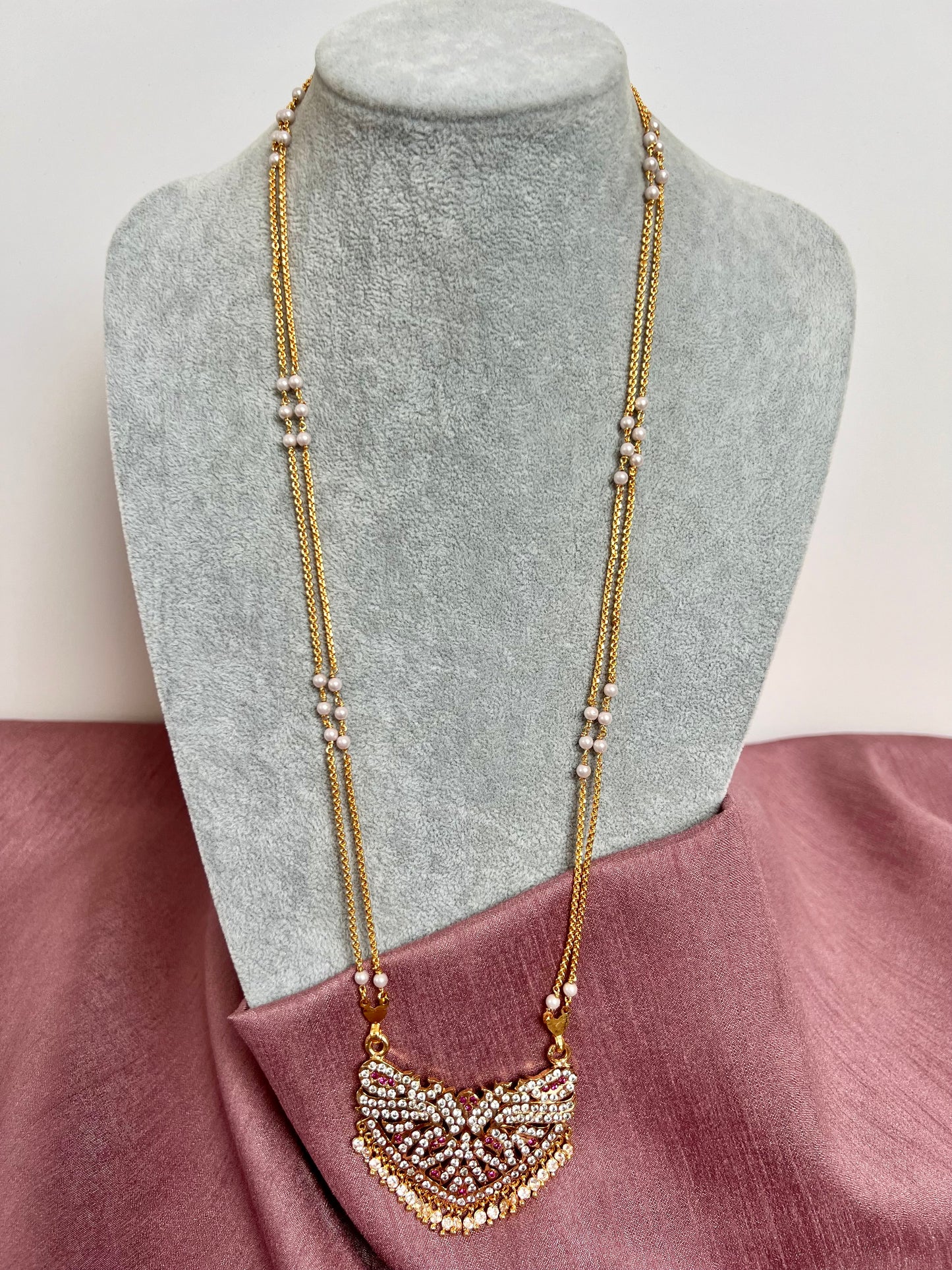 NANDIKA - Long Impon dollar 30inch necklace with ruby and white stones N3067