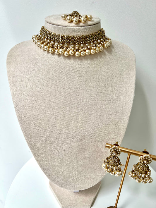 ANUSA- Mehndi plated ivory pearl necklace set with tikka and flat earrings N3256
