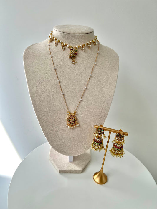 Ruby and green fusion pearl necklace with lotus jhumkas N3005