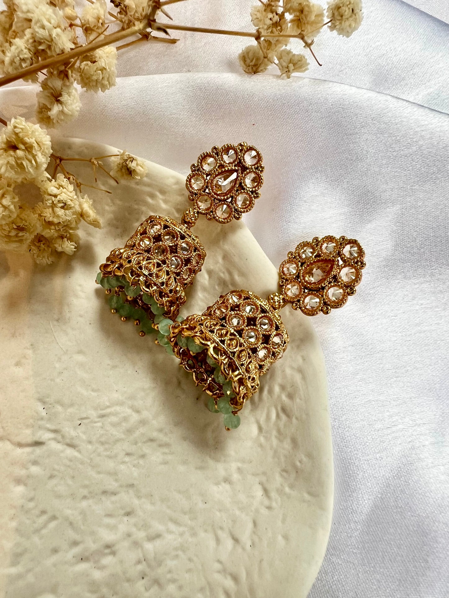 Golden short jhumkas with pearls in various colours E3035