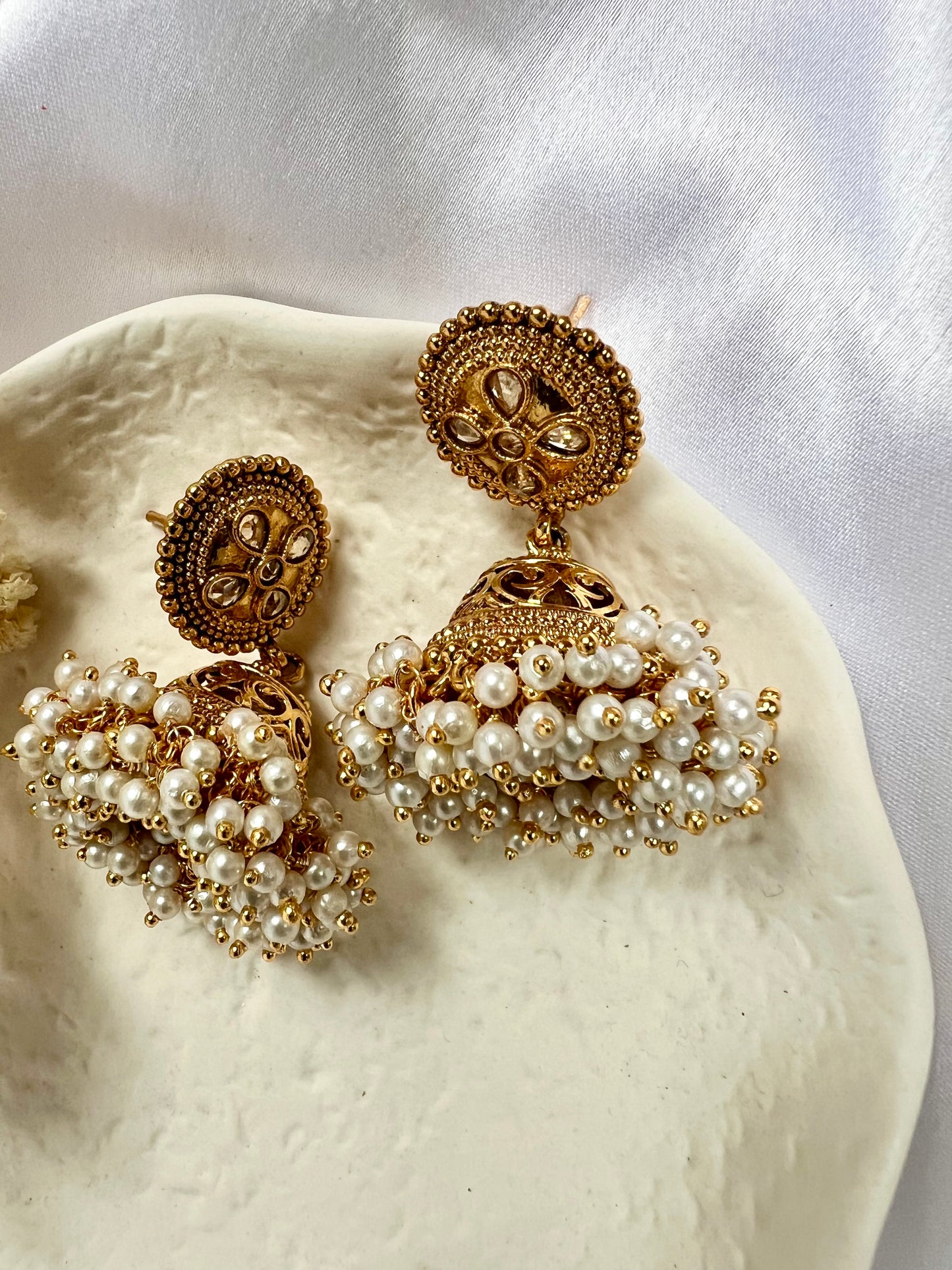 Gold plated pearl jhumka earrings E3029