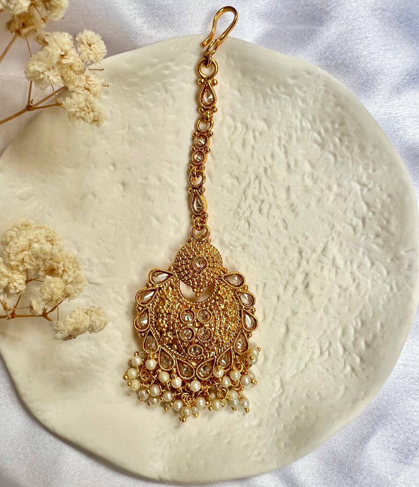 Traditional gold plated clear stone, white pearls maang tikka T3002