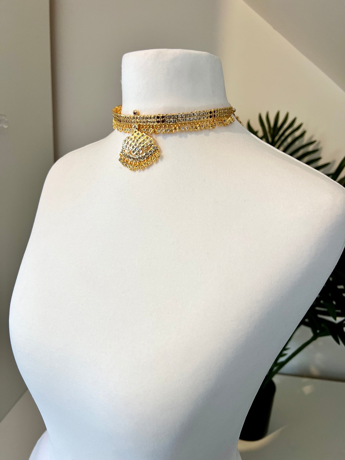 DAVINA - High neck two layered impon necklace with ruby and white stones N3163