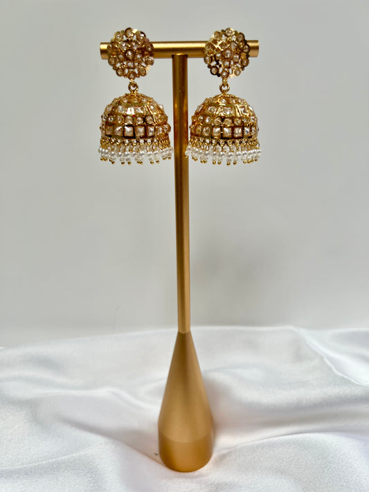 Gold plated white stone pearl jhumka earrings E3023