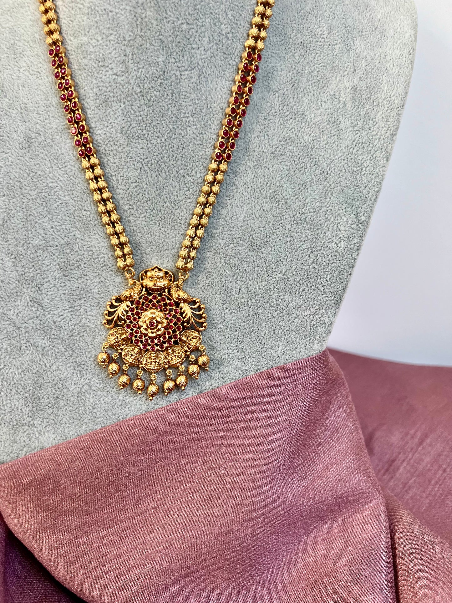 RADHA -Antique temple matte gold plated ruby necklace set with matching jhumkas N3023