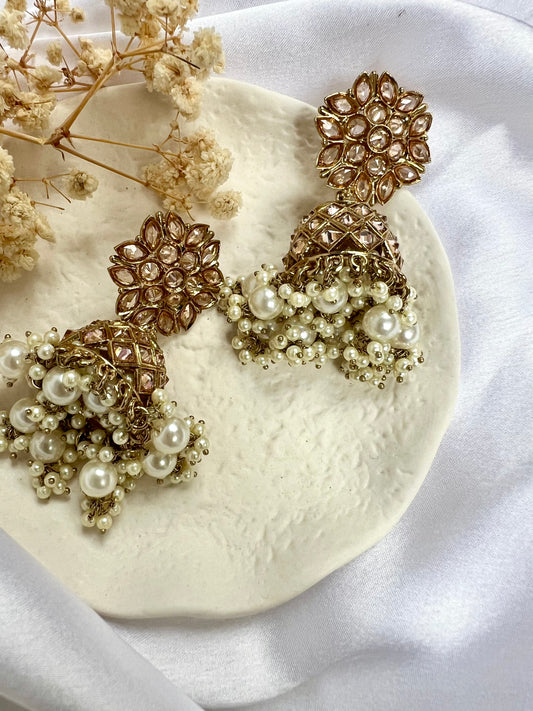 Antique gold plated clear stoned jhumka earrings E3012