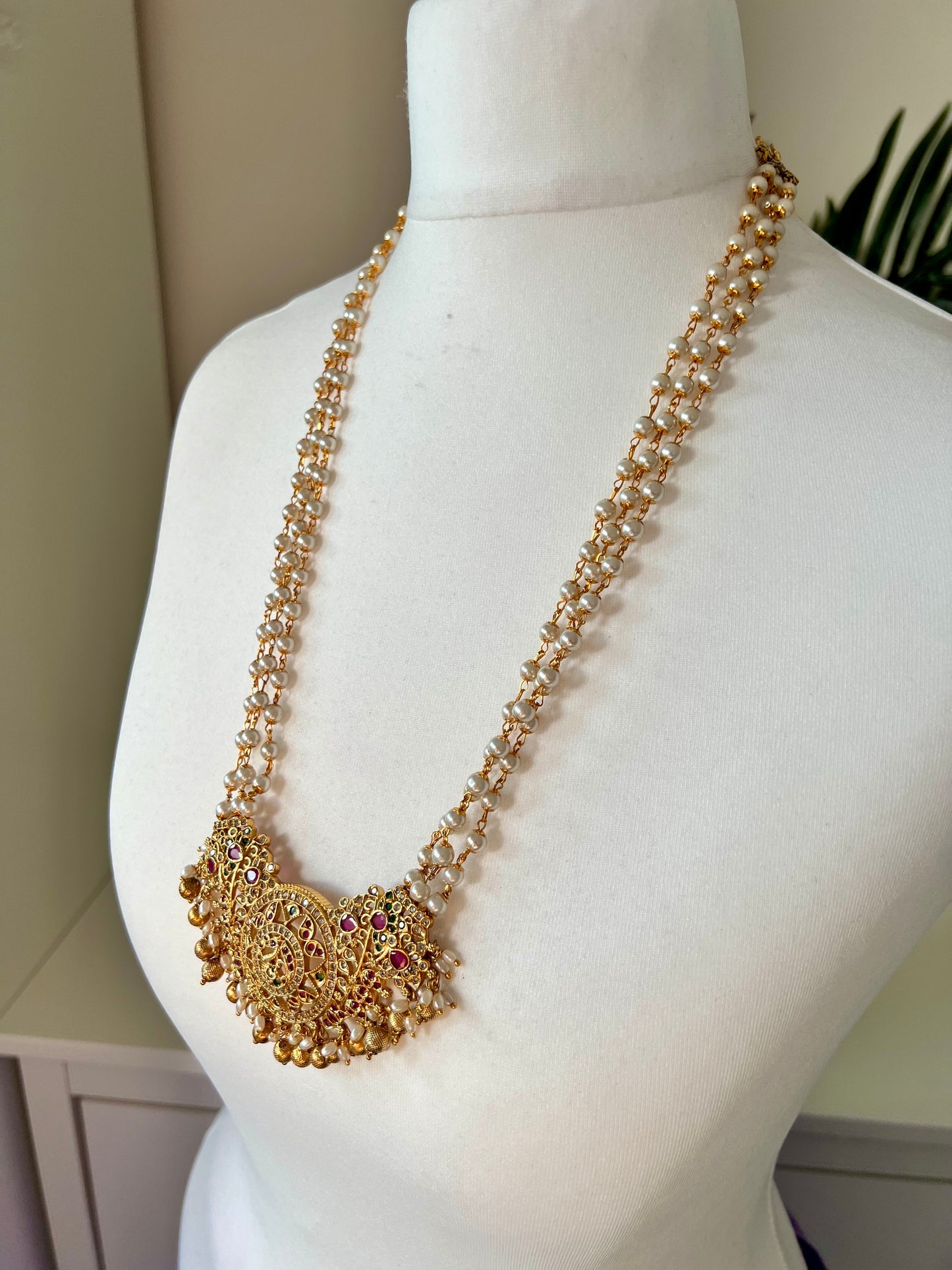 NIVETHA - Long pearl haram necklace set with matching jhumka earrings N3069