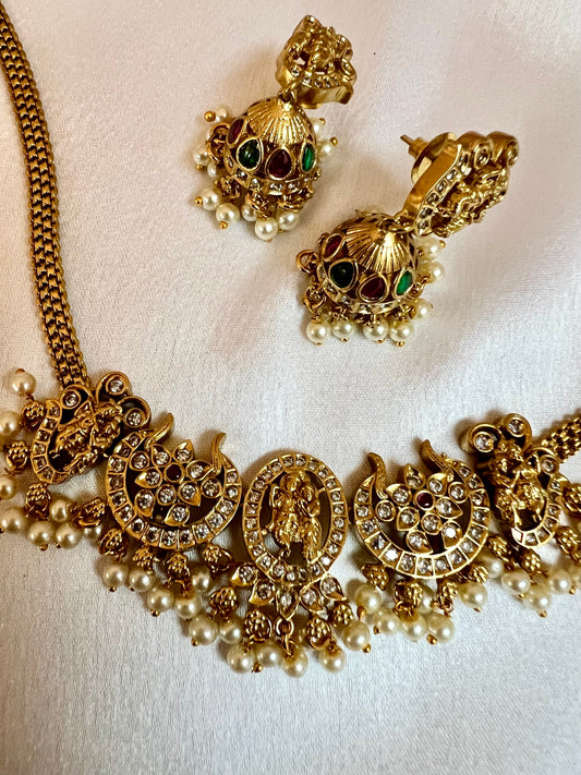 LAVOTHINI - golden temple small choker necklace with small jhumkas N3188