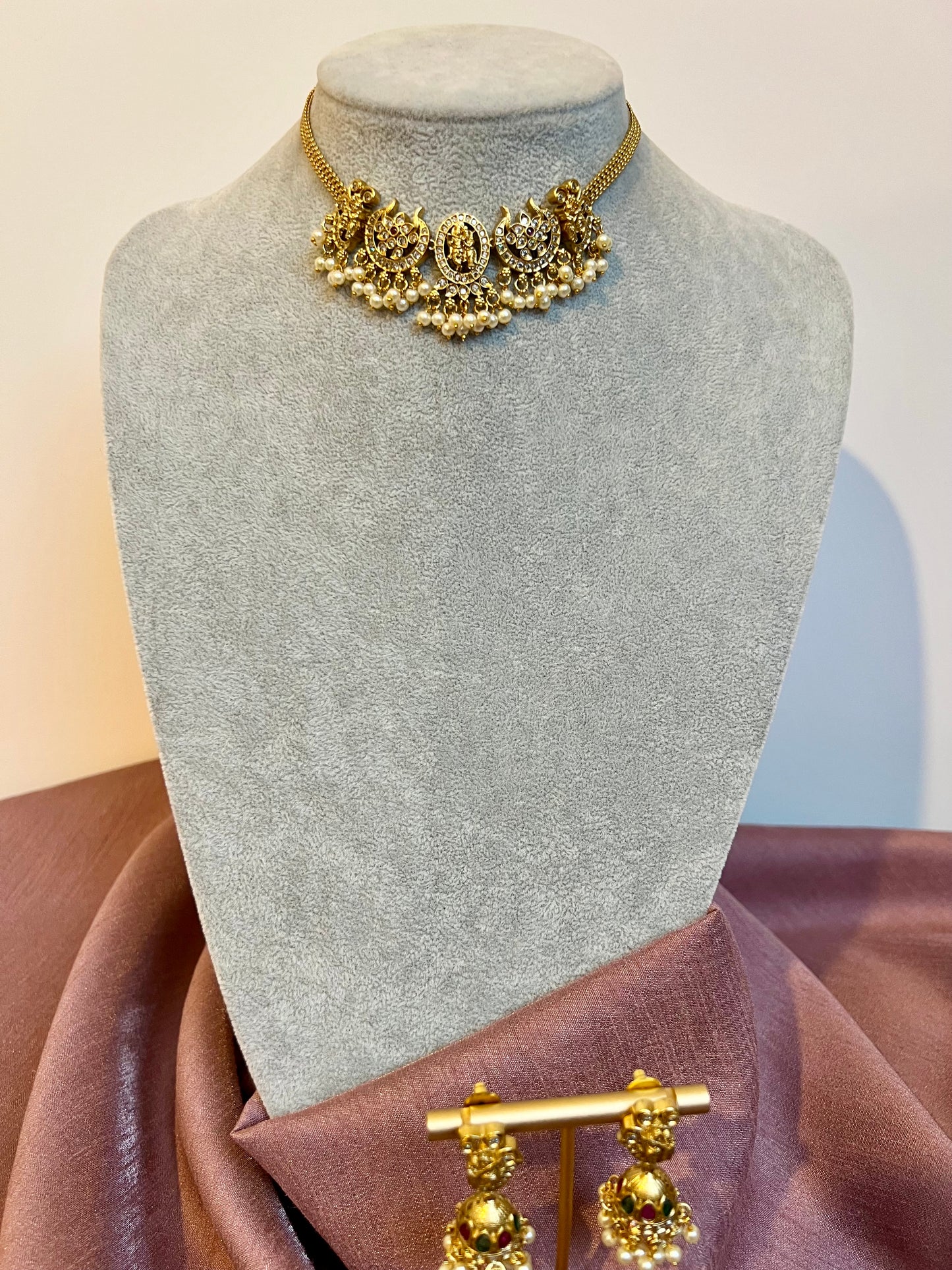 LAVOTHINI - golden temple small choker necklace with small jhumkas N3188