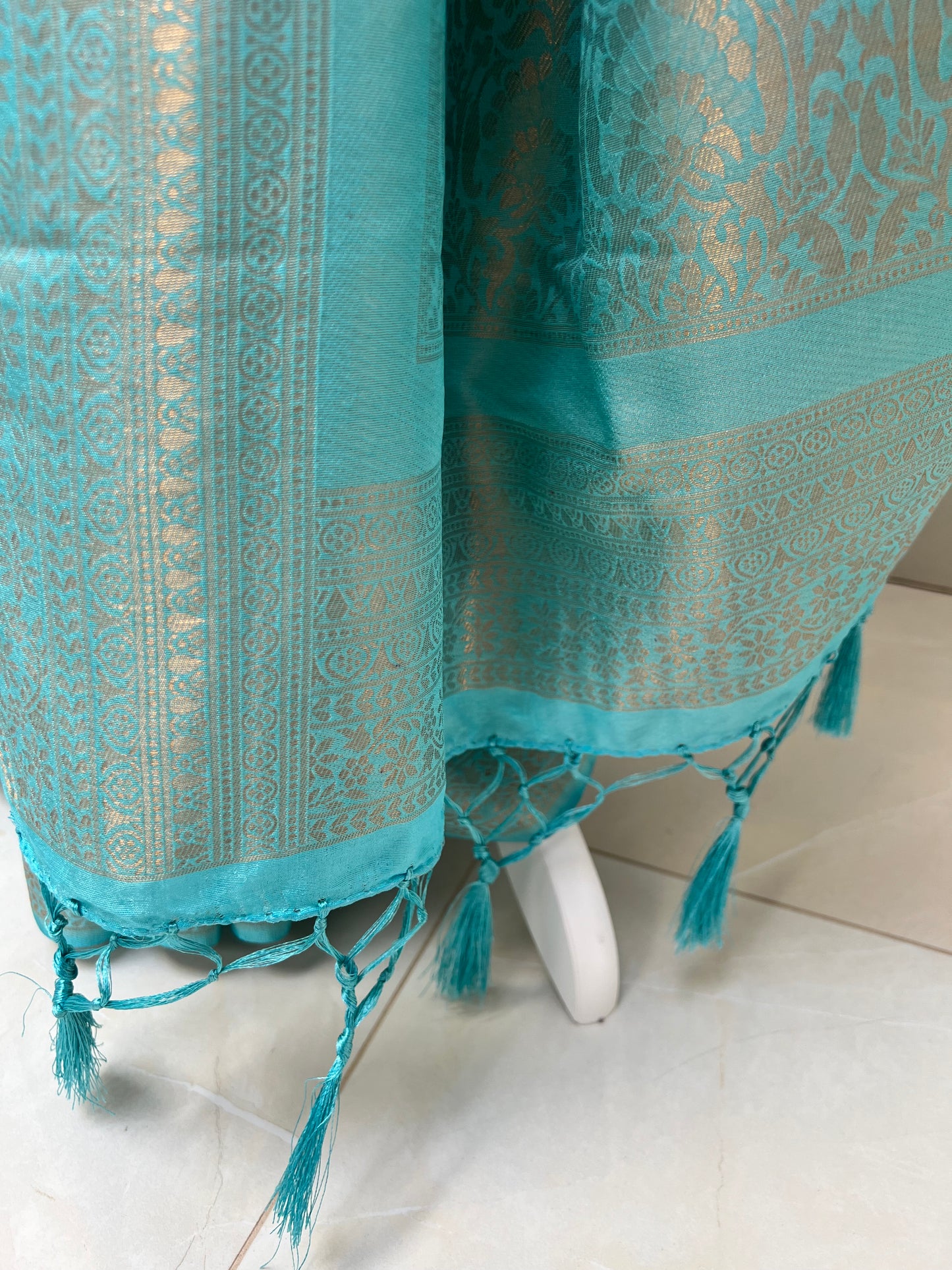 Ocean blue kubera silk saree with matching blouse and tassels attached S3006