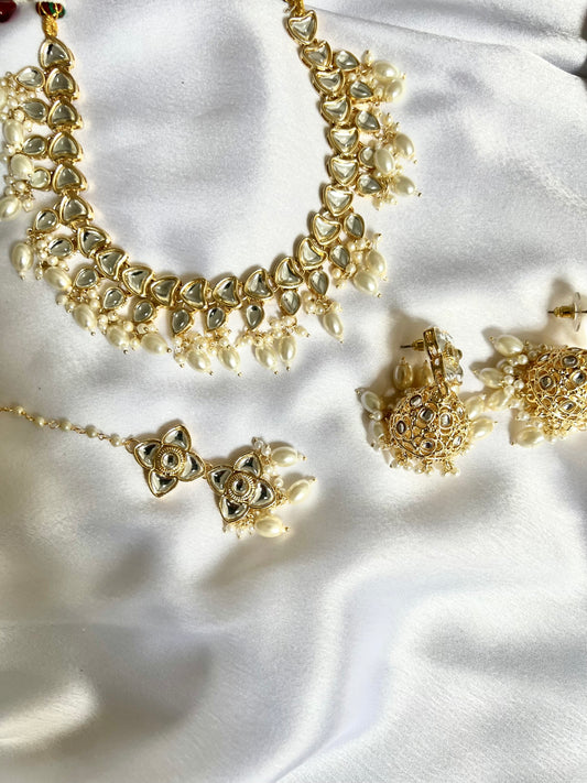 ASOKA - White gold kundan stone white pearl necklace with jhumkas and tikka N3290