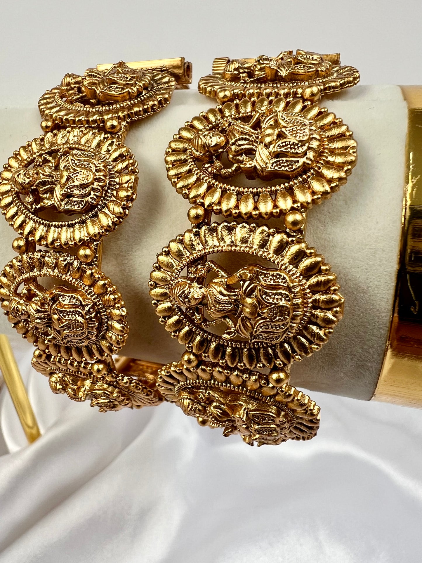 Antique temple matte gold plated openable pair of bangles, set of two B3003