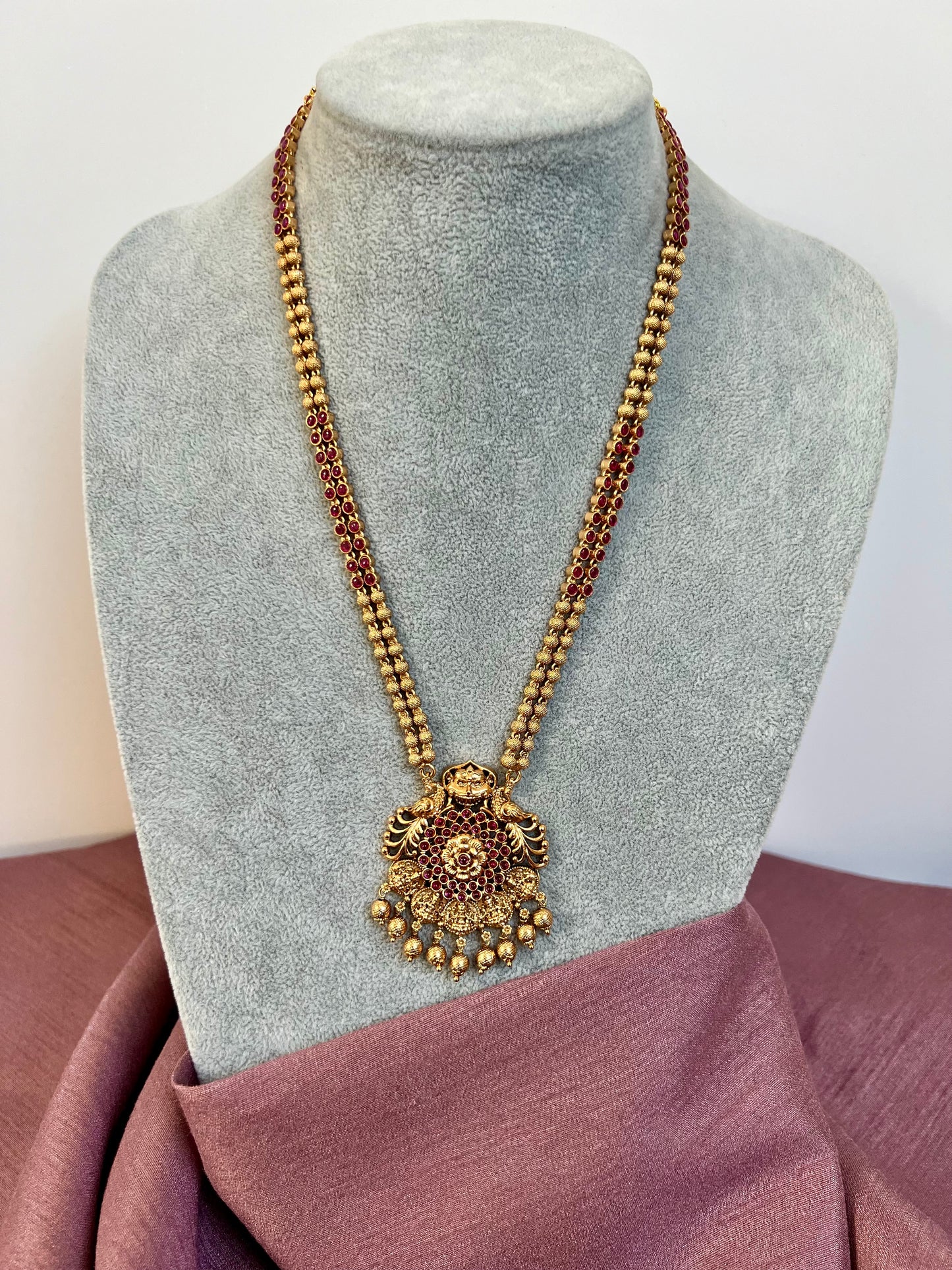 RADHA -Antique temple matte gold plated ruby necklace set with matching jhumkas N3023