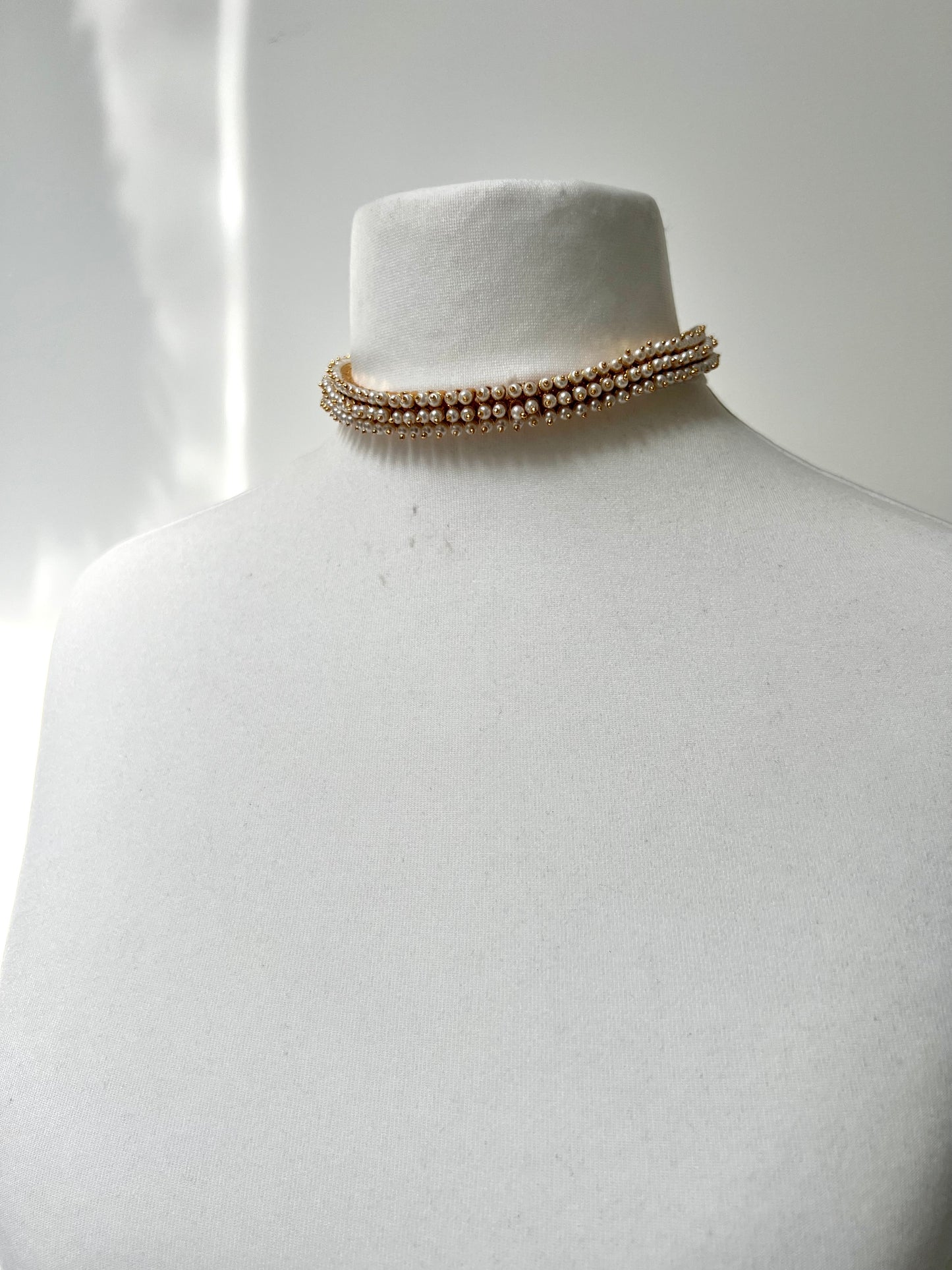 HINA - Simple three layer pearl choker with matching flat earrings N3360