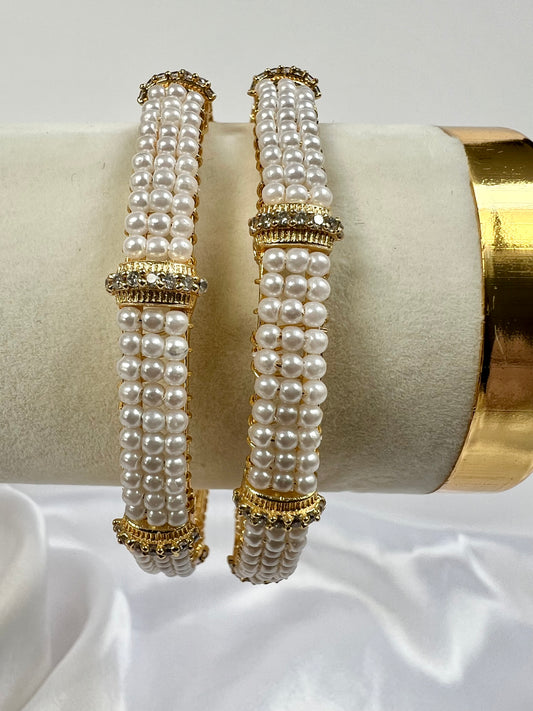 Gold Bangles With Pearls, White Stones and Gold Plating, set of two B3010