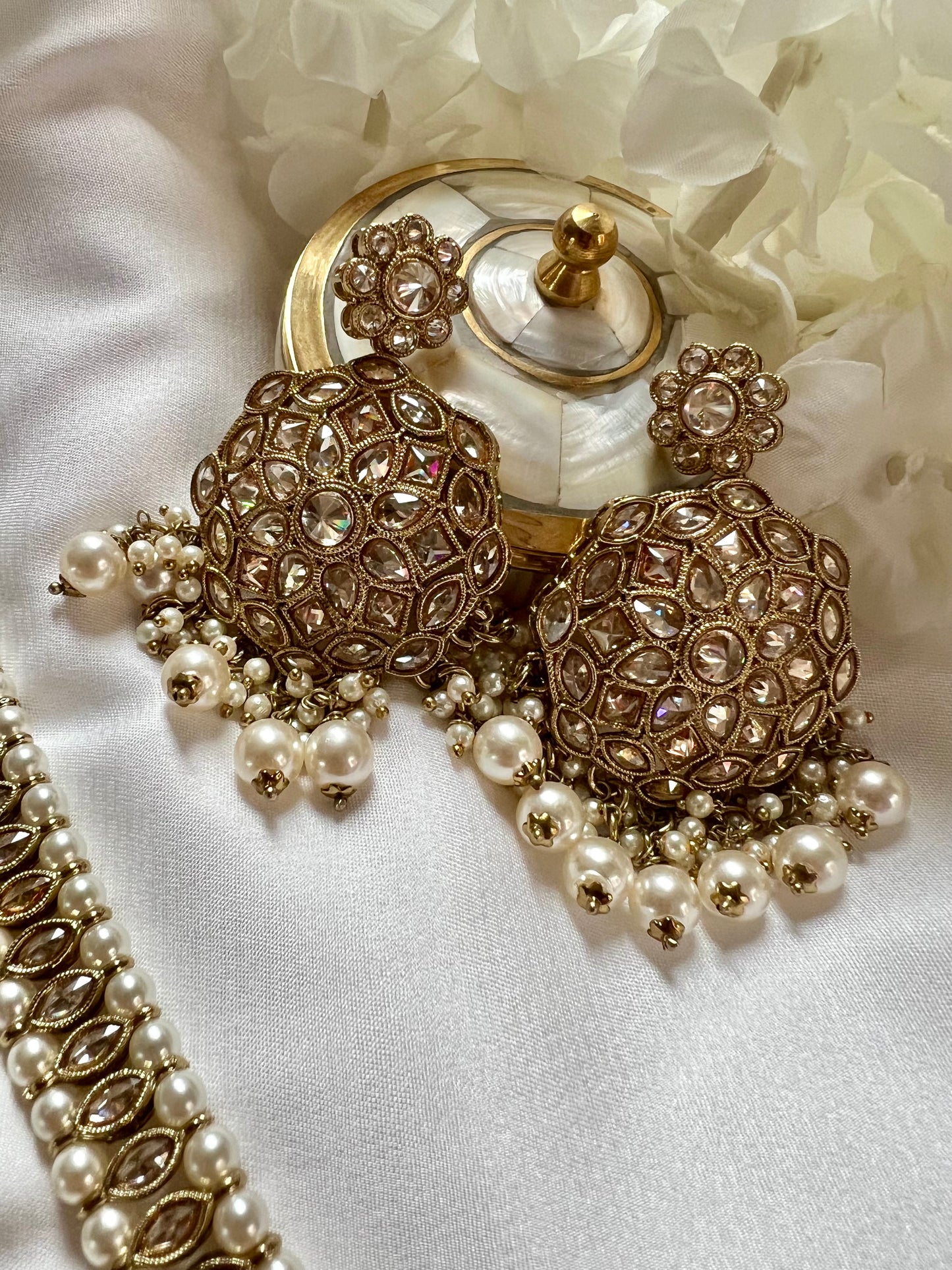 KAAVIYA - Antique mehndi plated long necklace set with pearls and a pair of earrings and tikka N3002