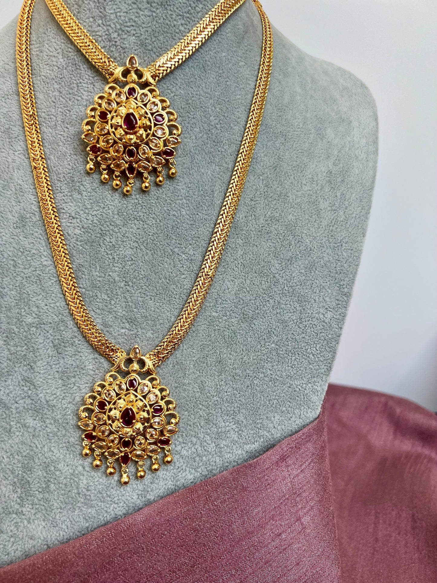 KALAI - Golden long and short ruby stoned necklace set N3071