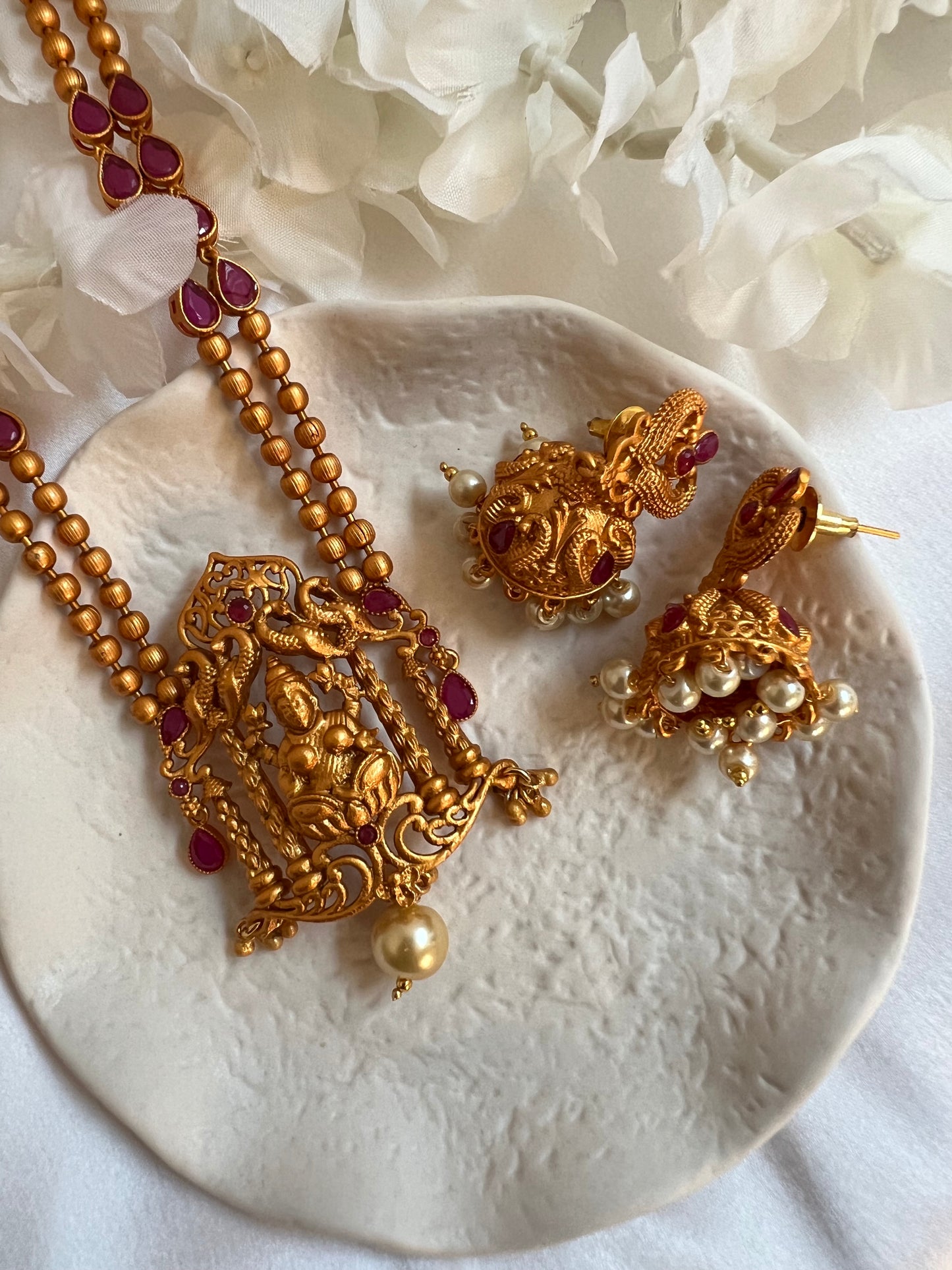 TAHA ruby -Antique temple necklace set in ruby with matching earrings N3006