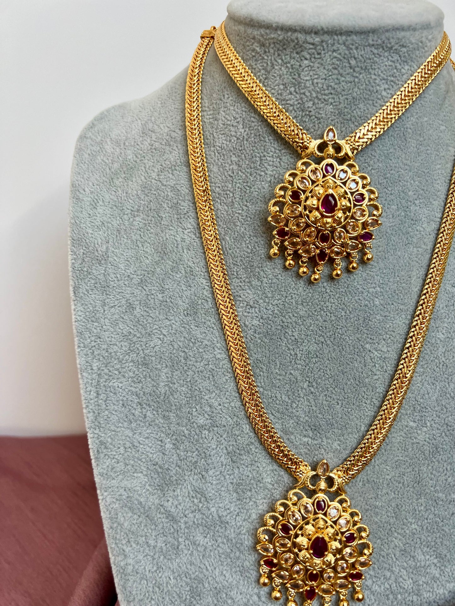 KALAI - Golden long and short ruby stoned necklace set N3071