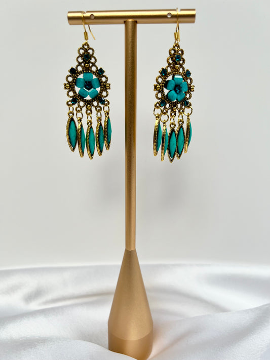 Long antique gold light blue earrings E3081