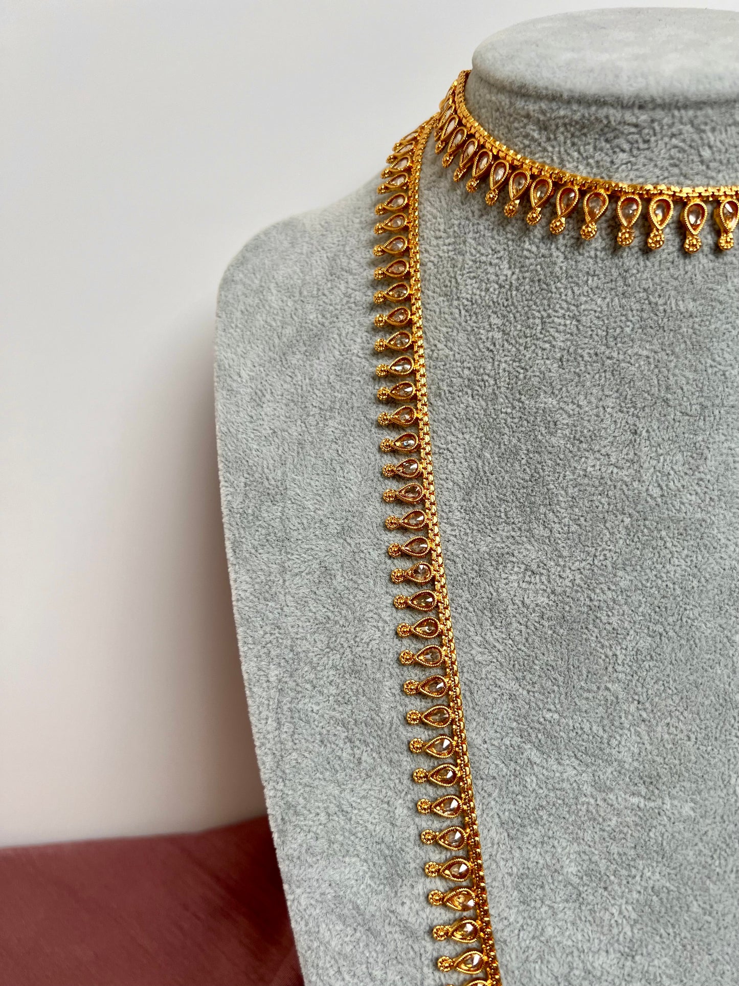 SAHANA - Antique gold plated long and short necklace set with matching earrings and uchi pattam/tikka N3001