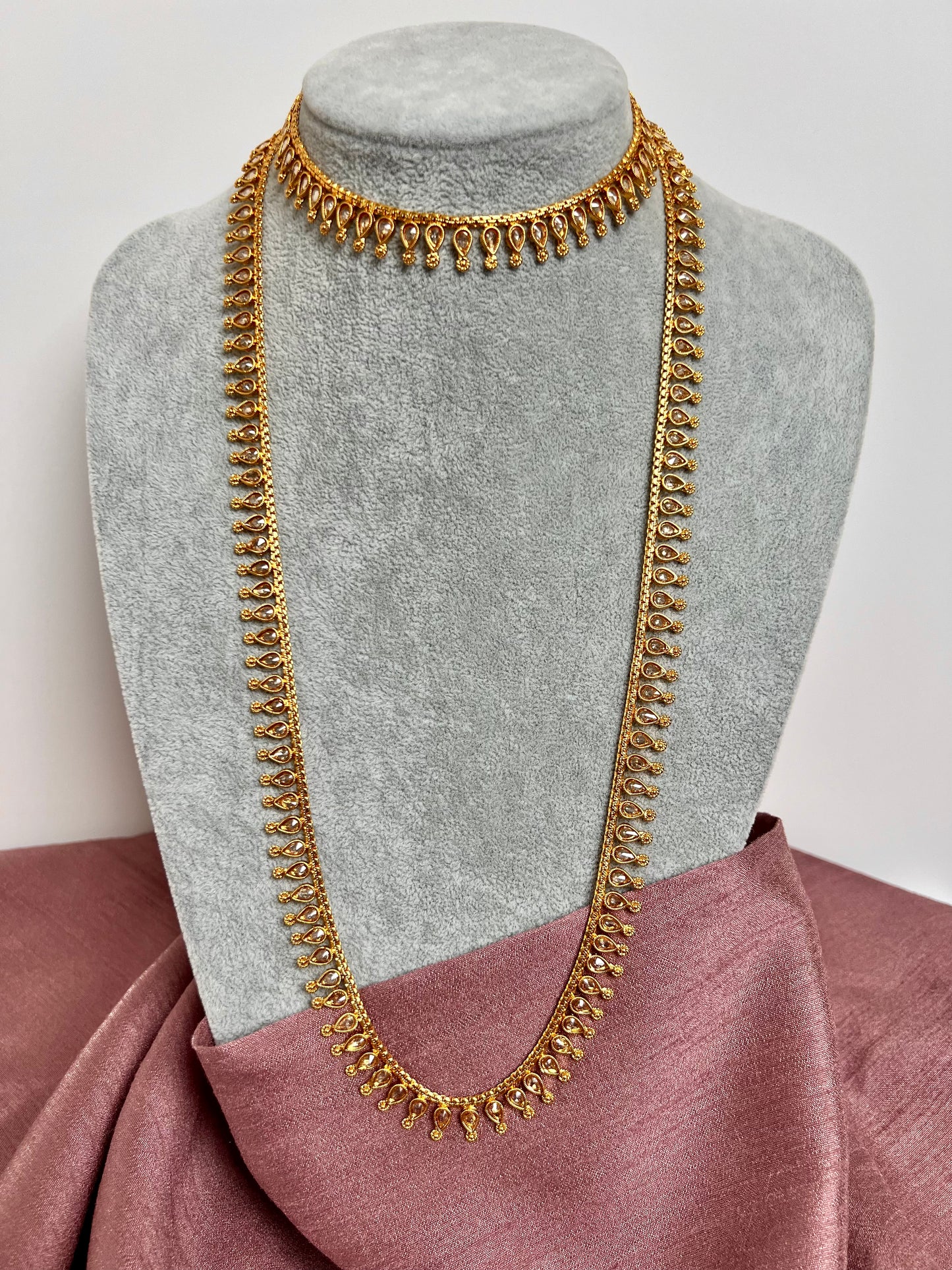 SAHANA - Antique gold plated long and short necklace set with matching earrings and uchi pattam/tikka N3001