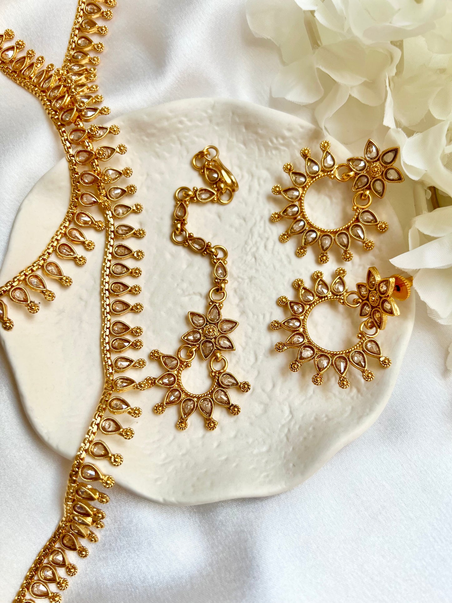 SAHANA - Antique gold plated long and short necklace set with matching earrings and uchi pattam/tikka N3001