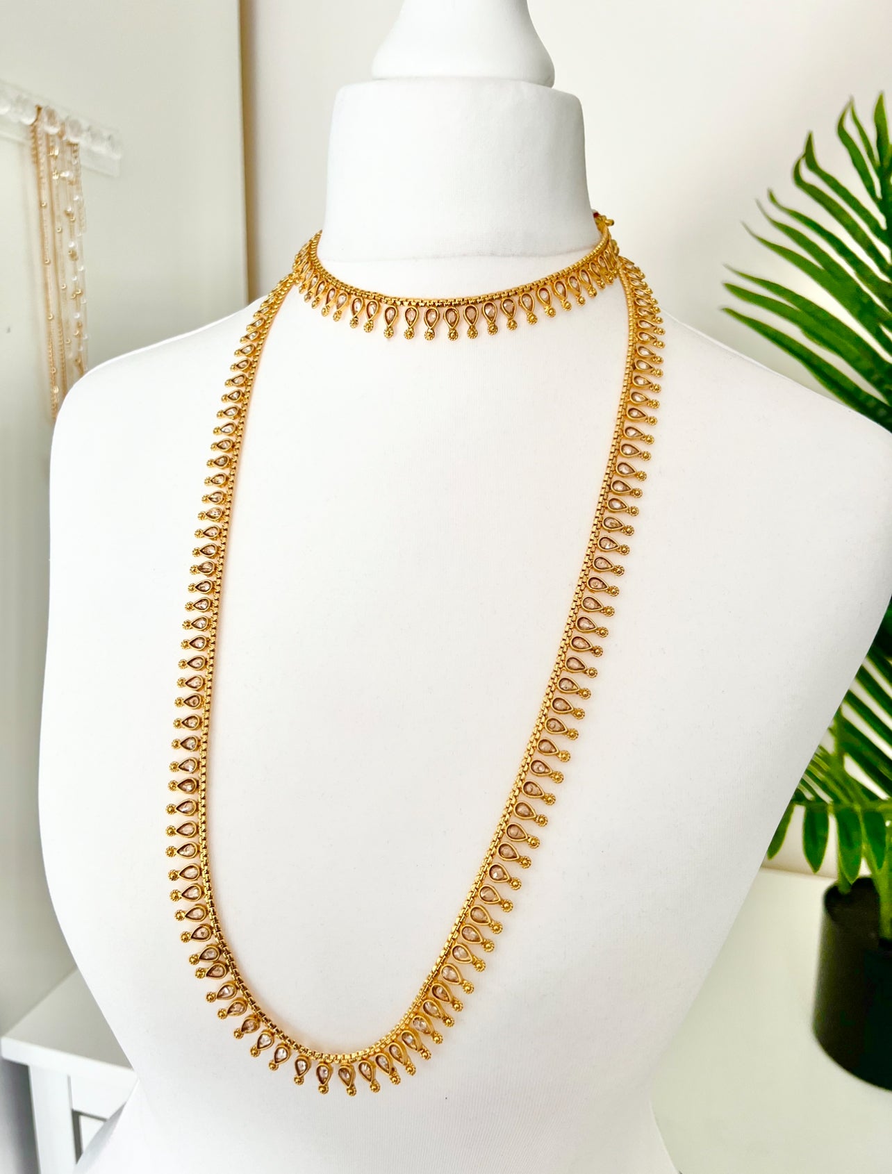 SAHANA - Antique gold plated long and short necklace set with matching earrings and uchi pattam/tikka N3001