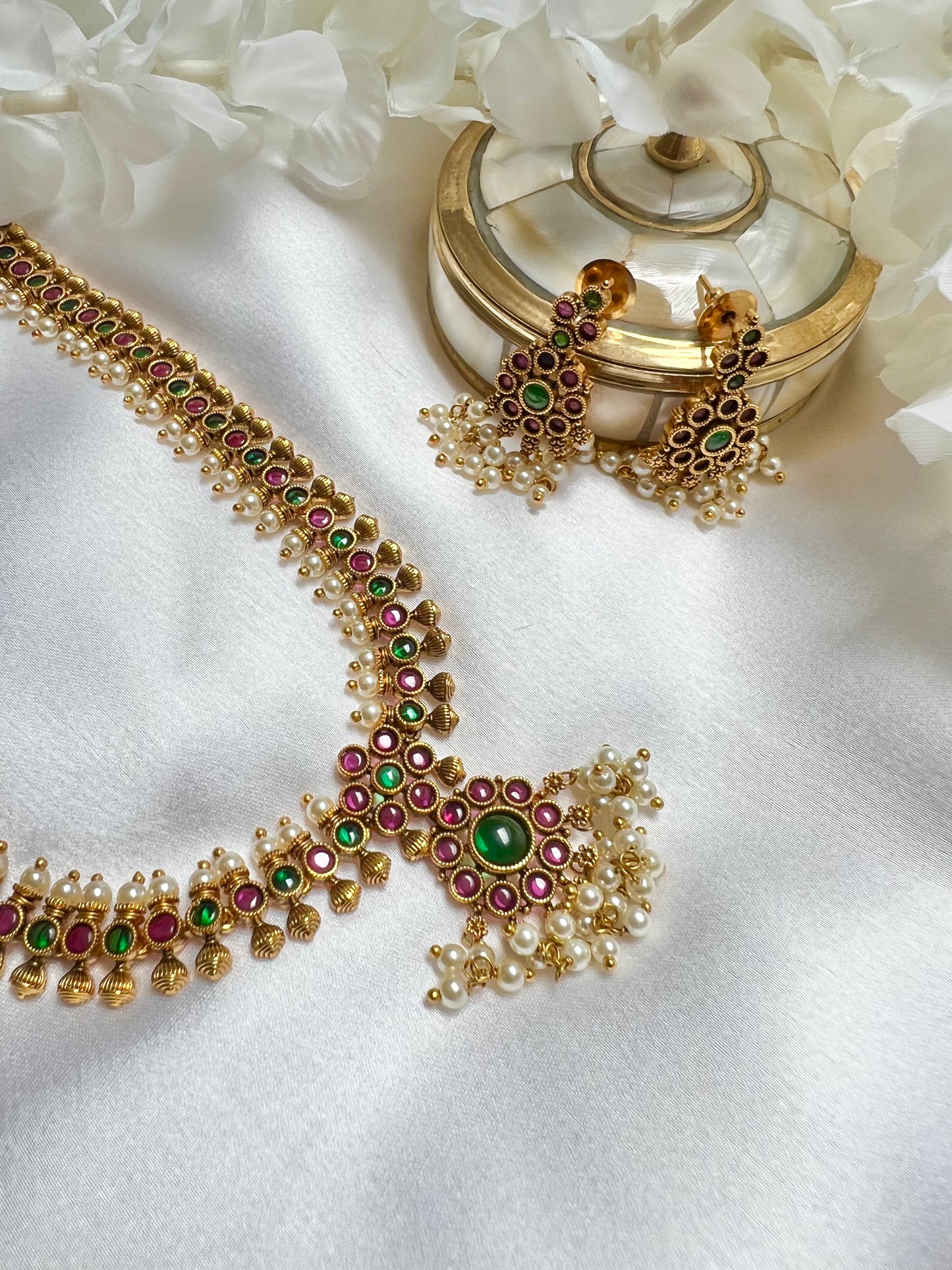 INIYA - Antique Kemp stone matte gold plated rubygreen South Indian long necklace set with a pair of earrings N3003