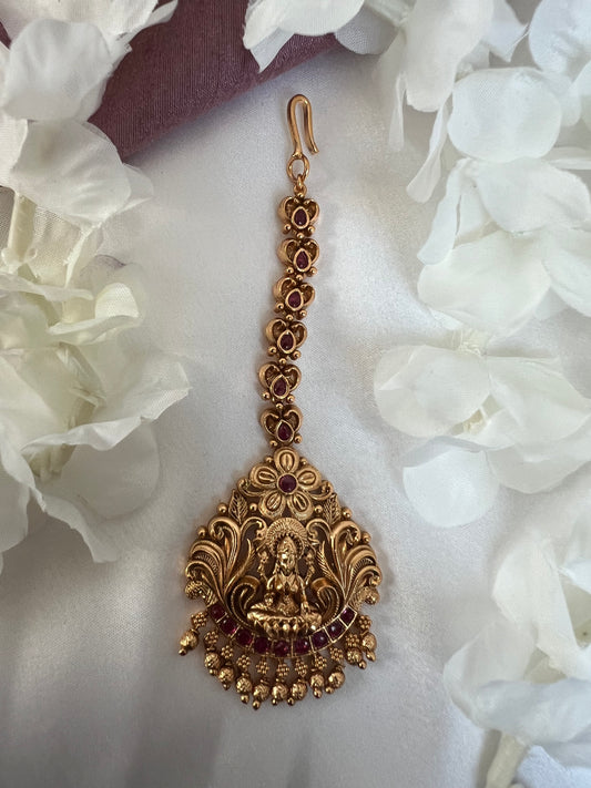 Antique temple gold plated tikka in ruby T3014