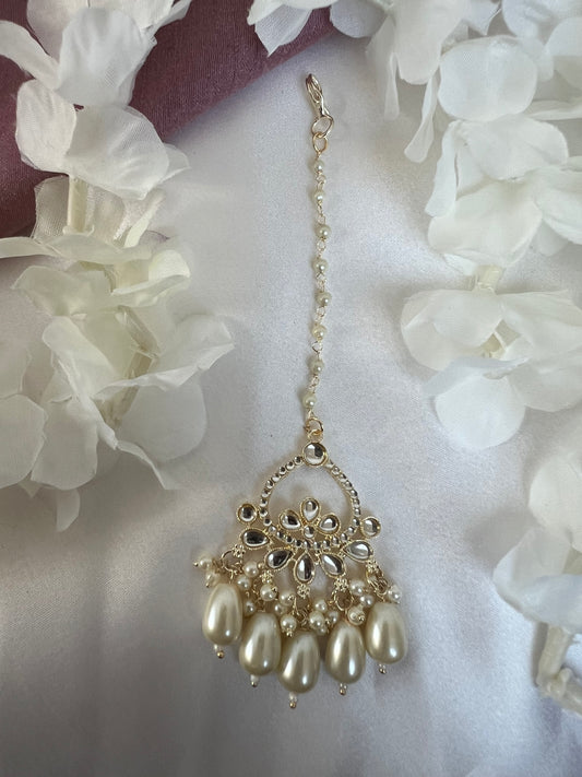 kundan stoned white pearl tikka T3018