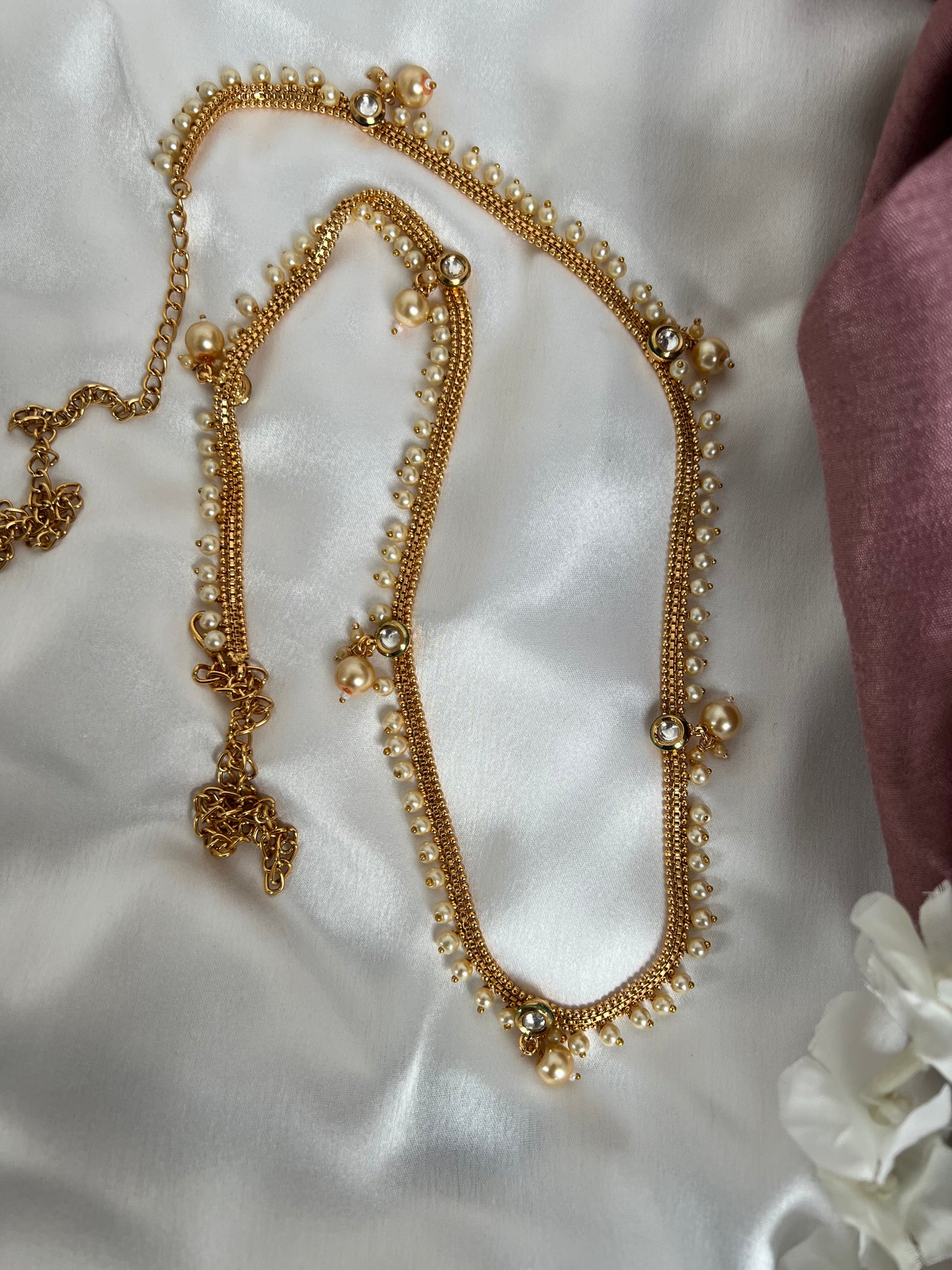 Antique gold plated waistchain with kundan round stones and pearls W3004