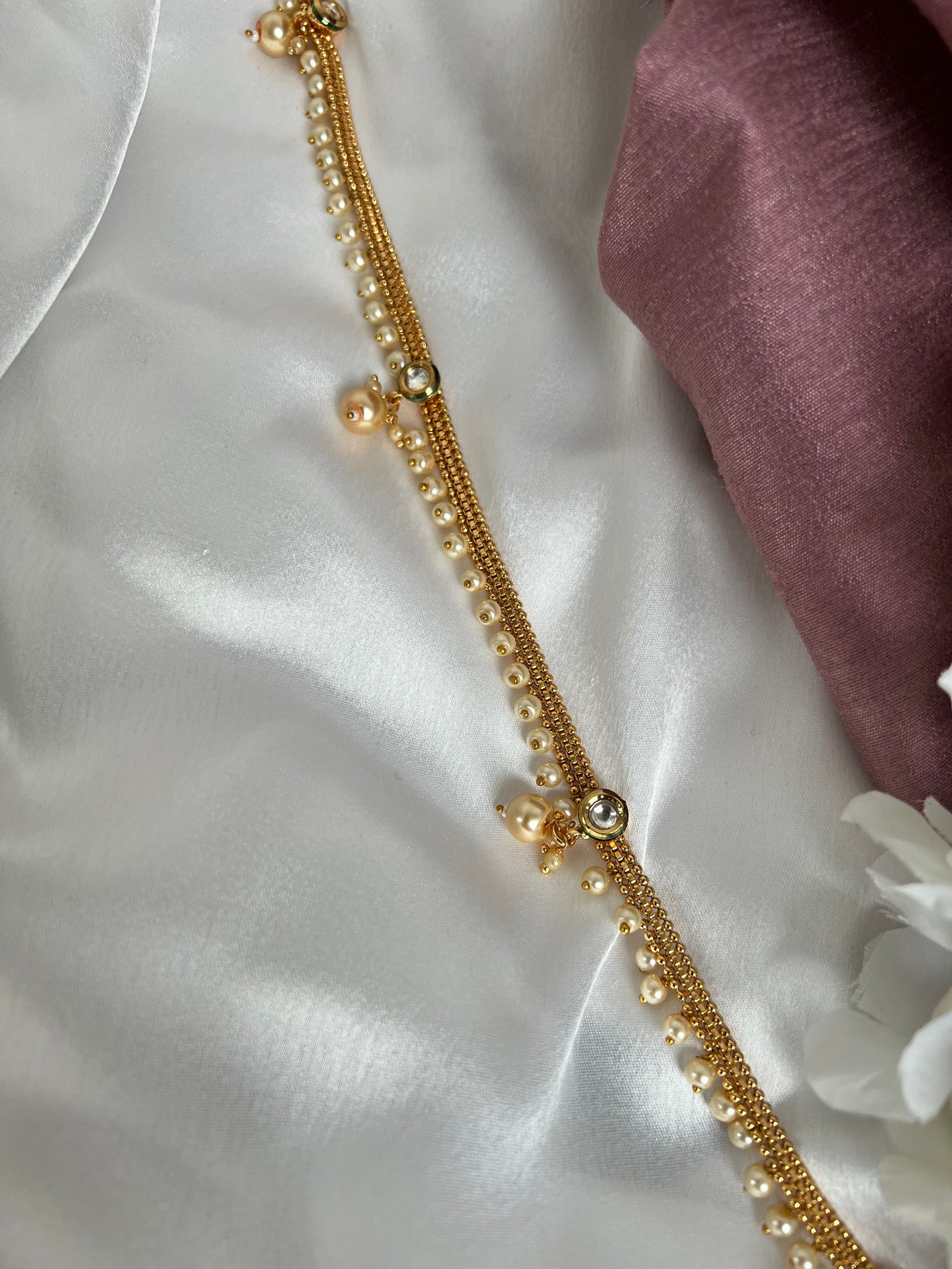 Antique gold plated waistchain with kundan round stones and pearls W3004