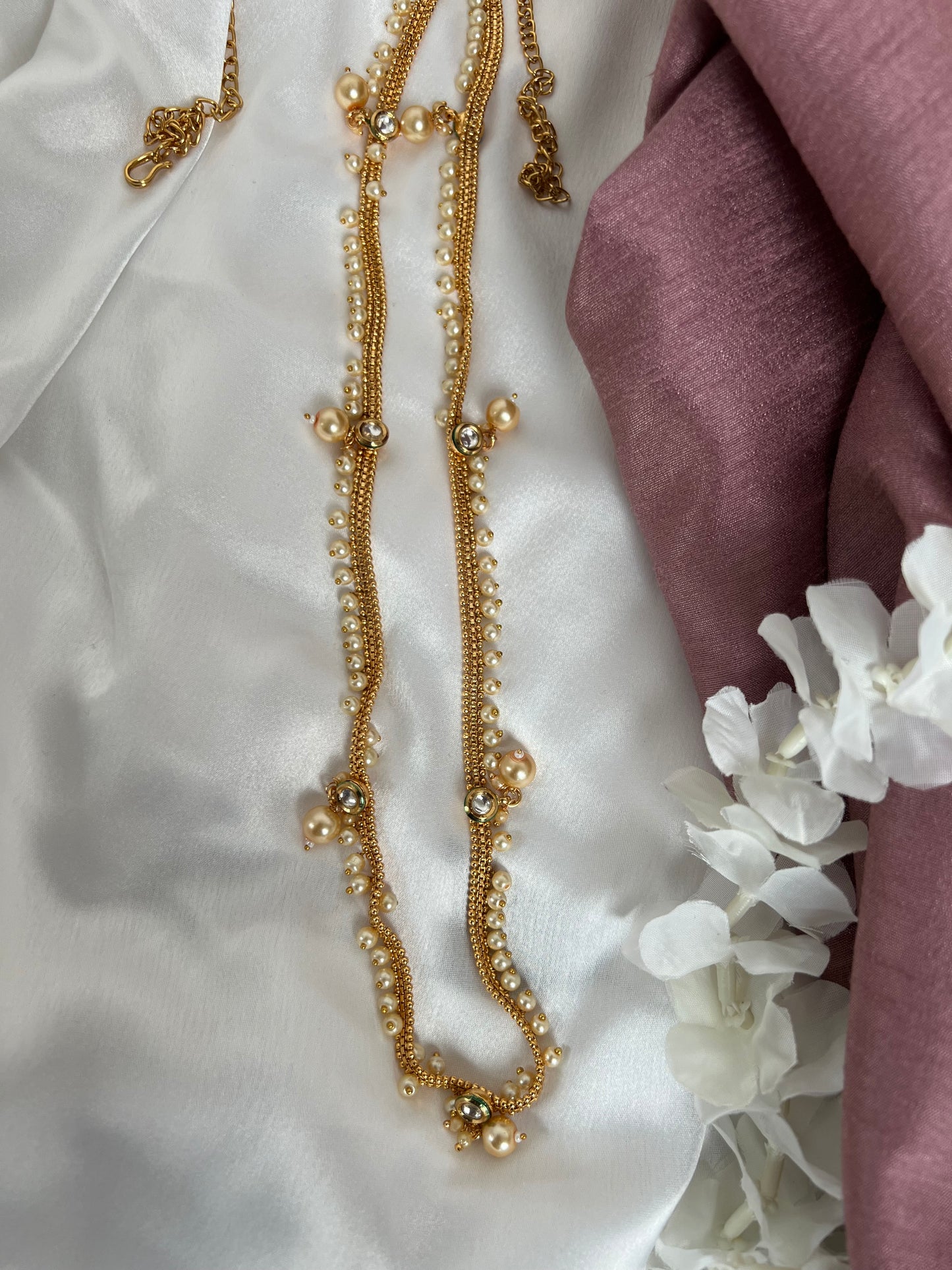 Antique gold plated waistchain with kundan round stones and pearls W3004