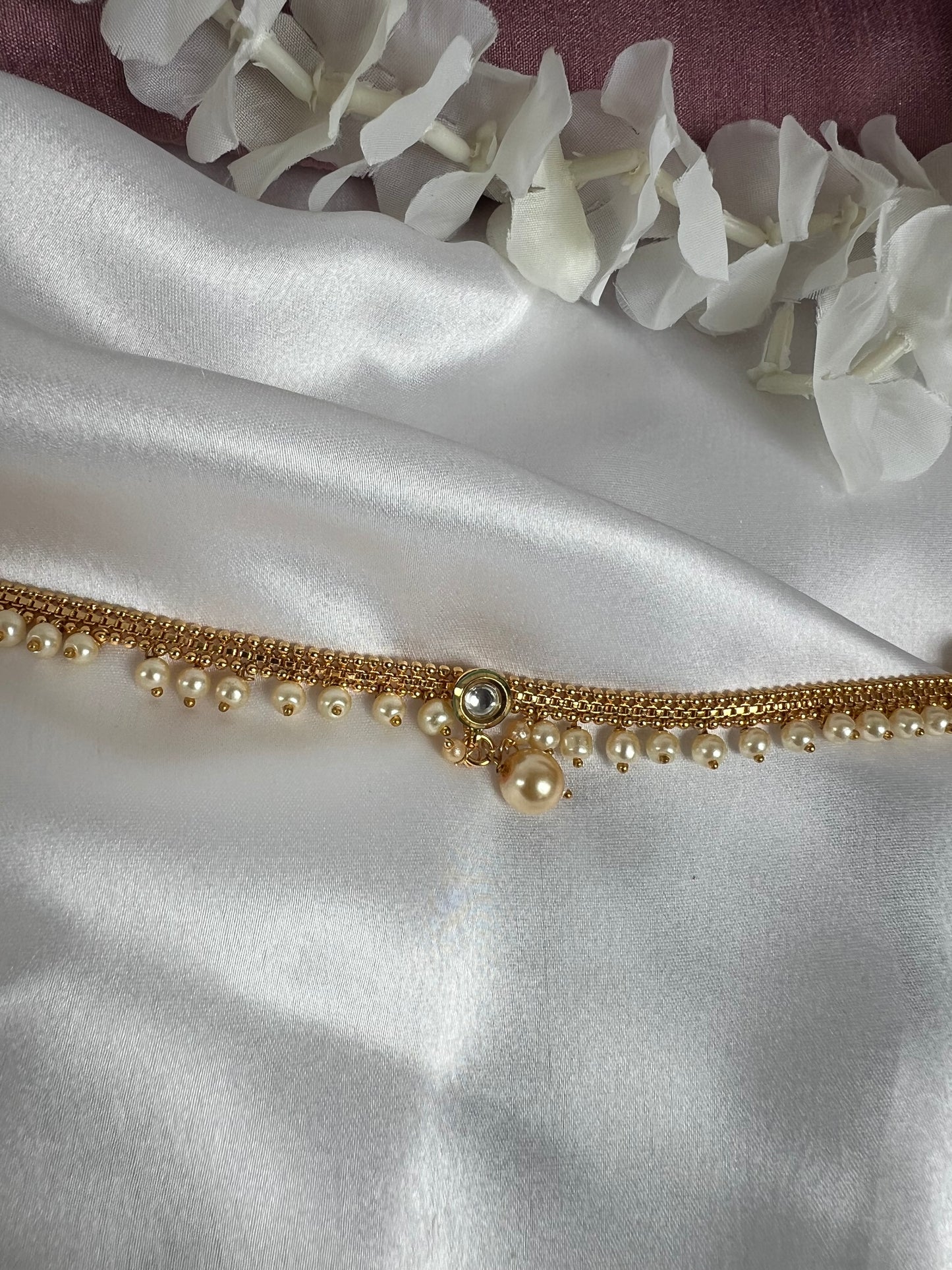 Antique gold plated waistchain with kundan round stones and pearls W3004