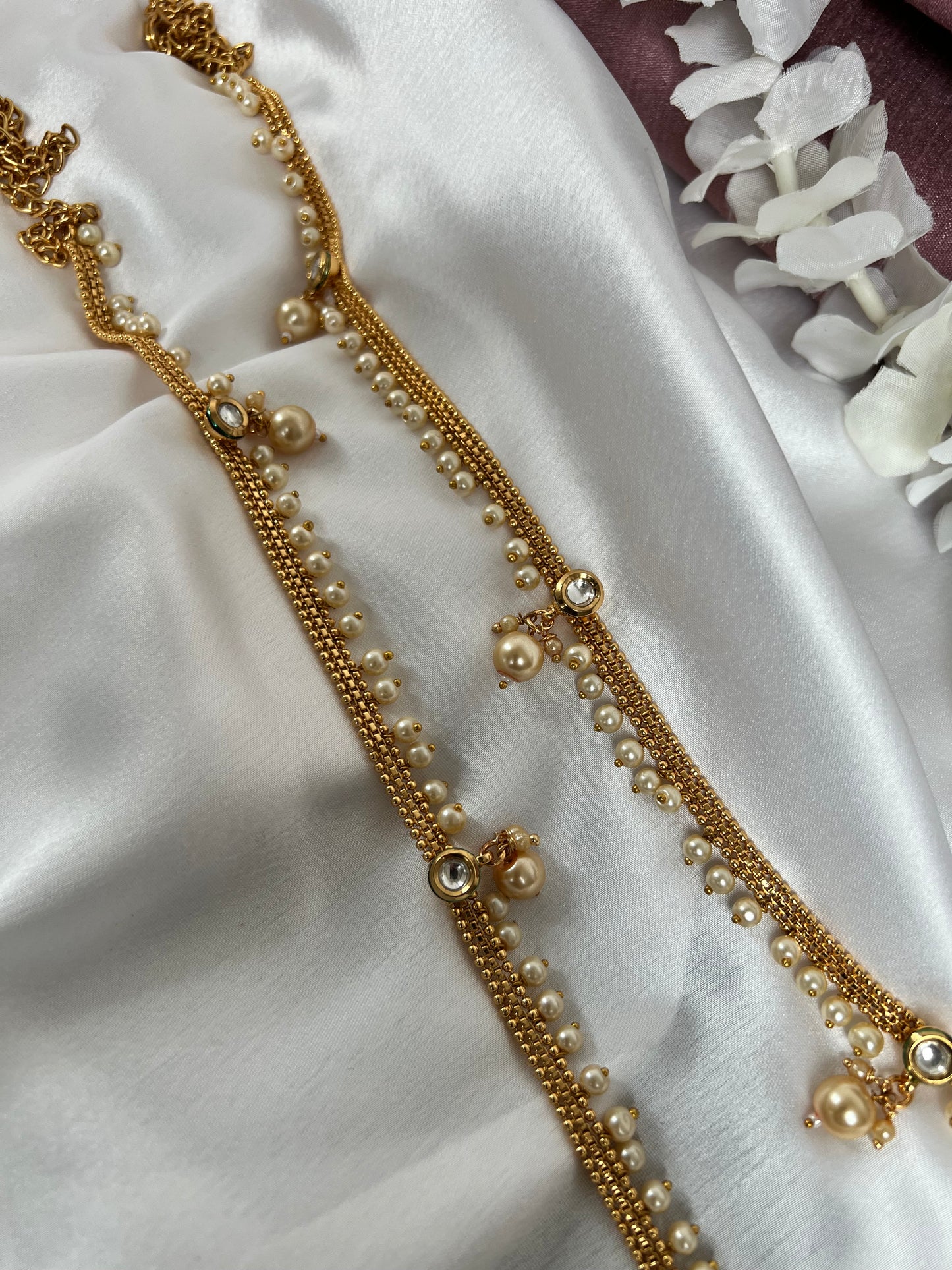 Antique gold plated waistchain with kundan round stones and pearls W3004