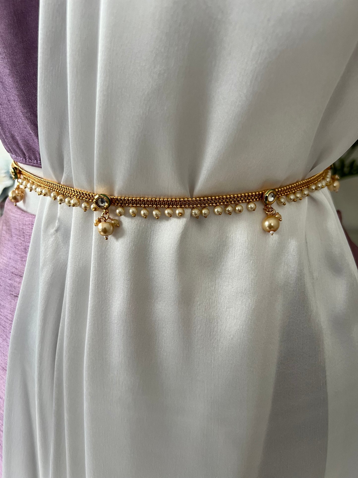 Antique gold plated waistchain with kundan round stones and pearls W3004