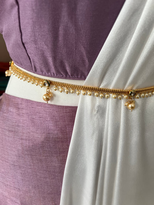 Antique gold plated waistchain with kundan round stones and pearls W3004