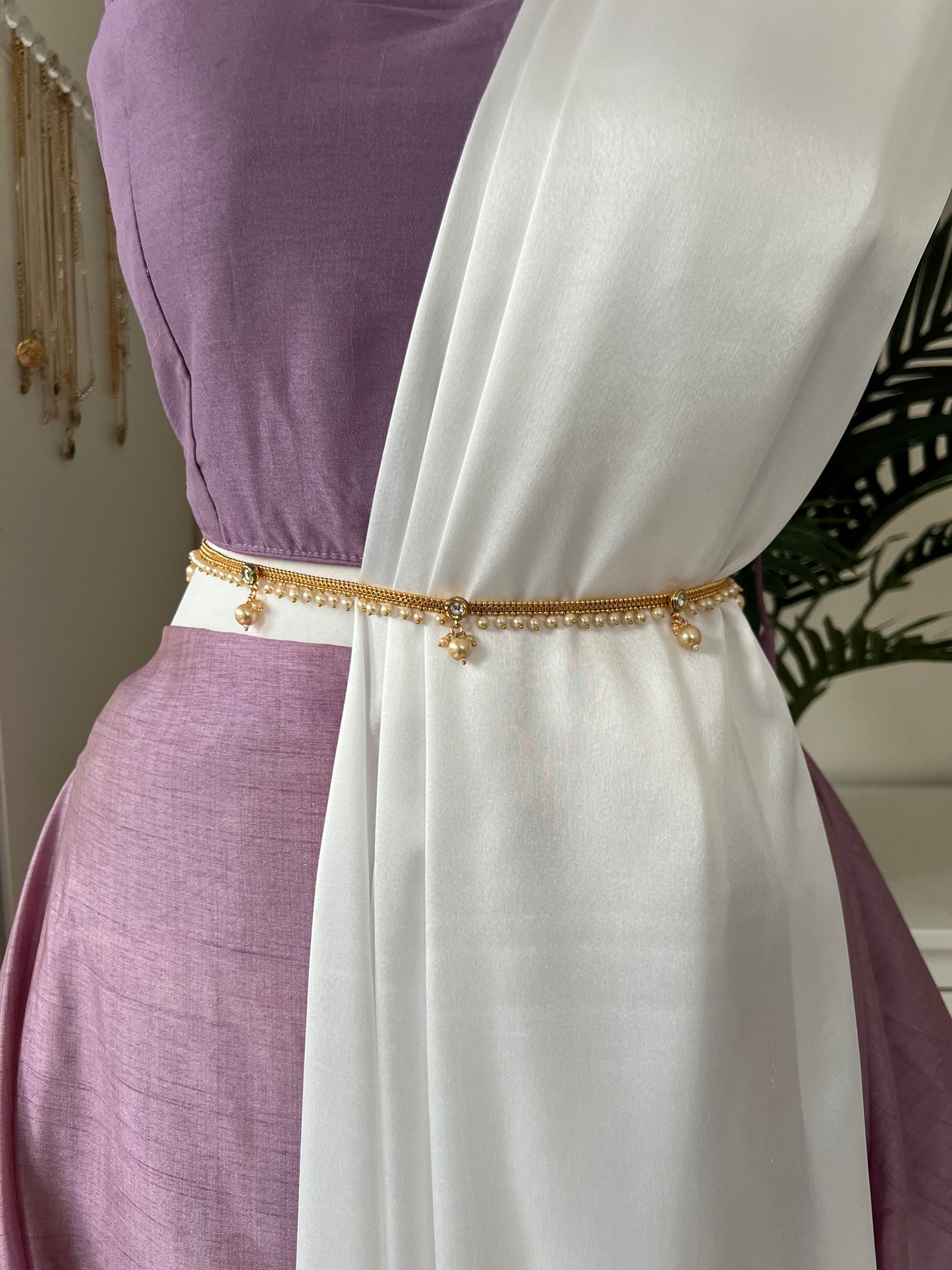 Antique gold plated waistchain with kundan round stones and pearls W3004