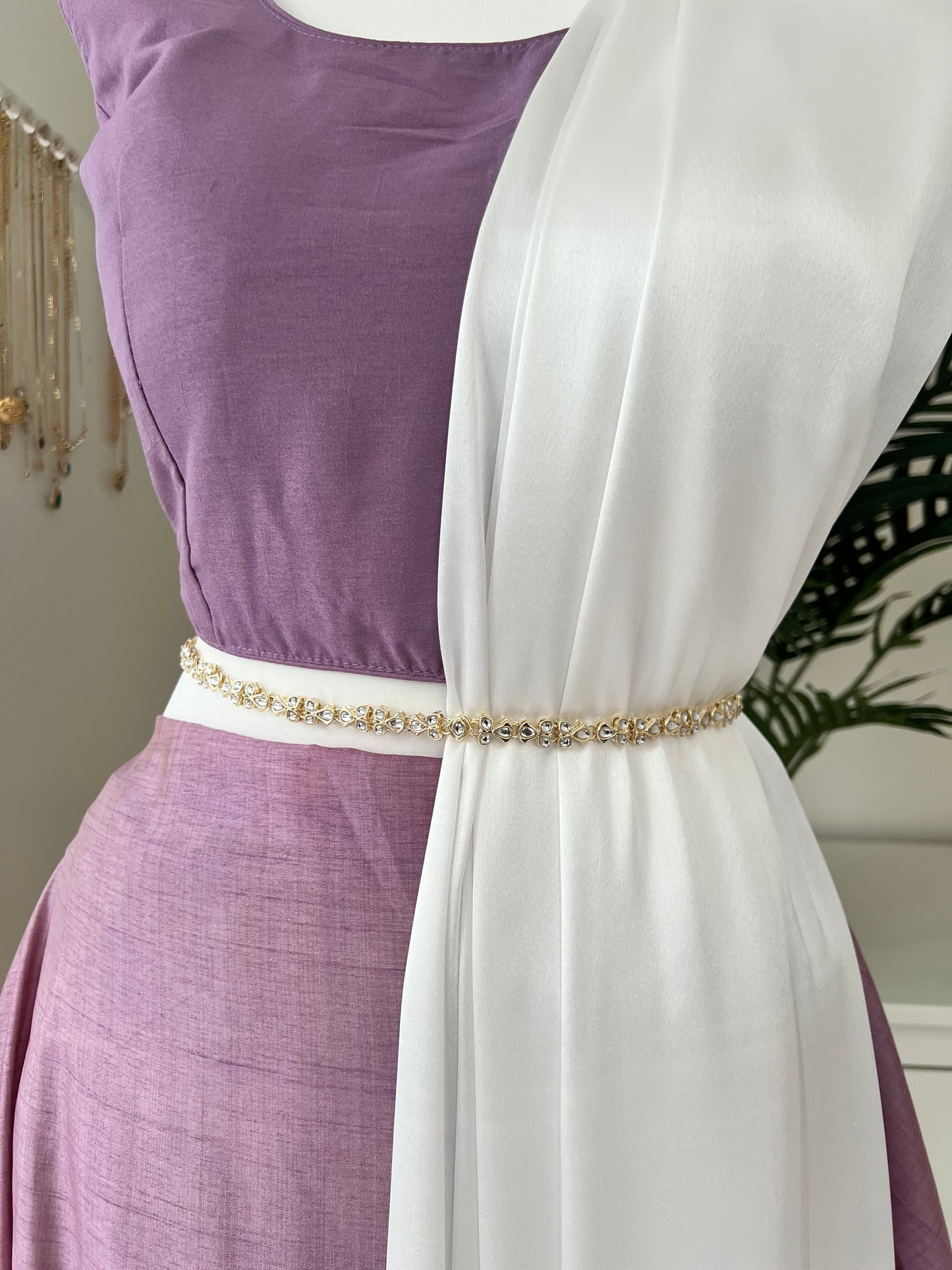 Classic white gold plated waistchain with kundan stones W3019